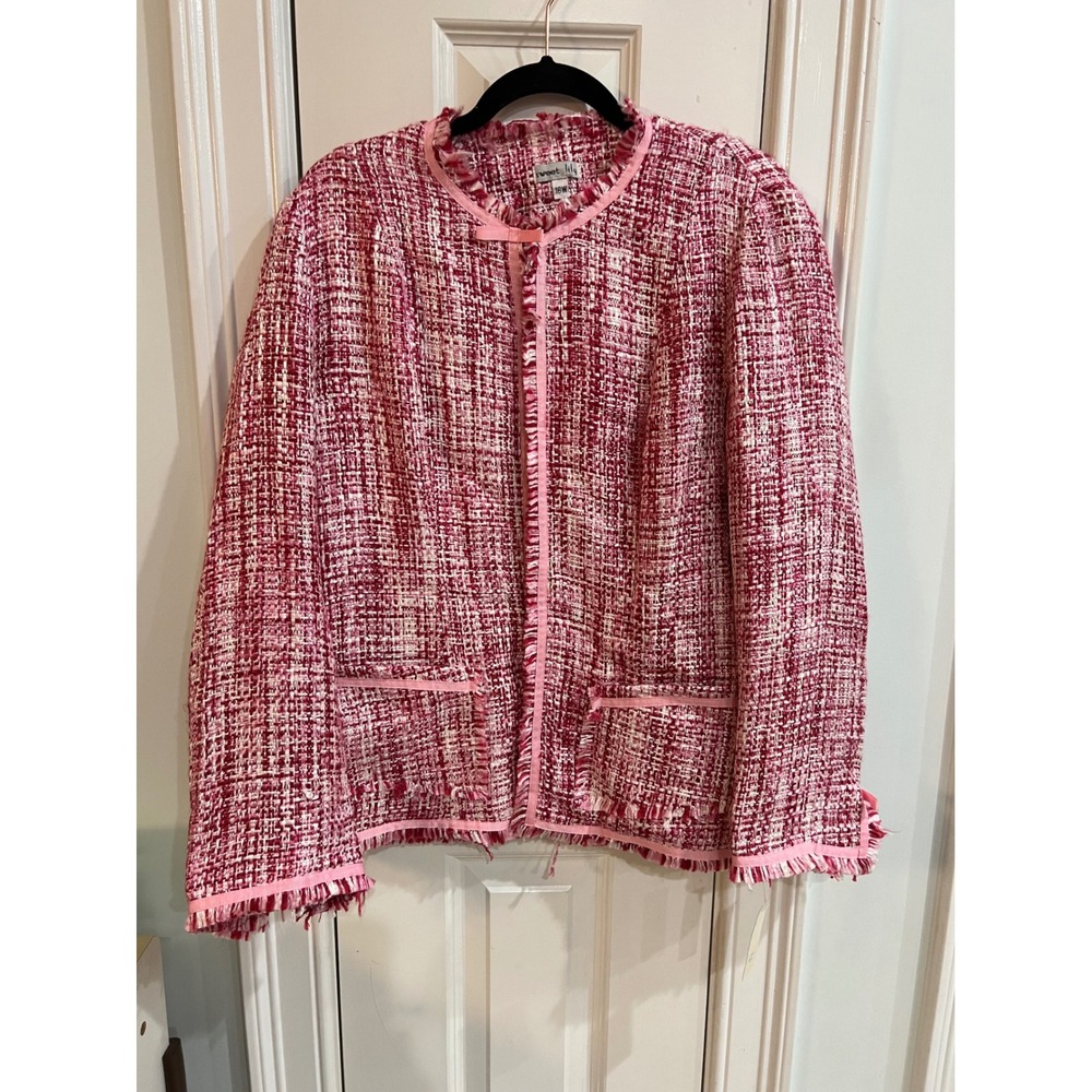Sweet Lily Pink White Tweed Fringe Blazer Jacket Plus Size 16W Made in USA NWT